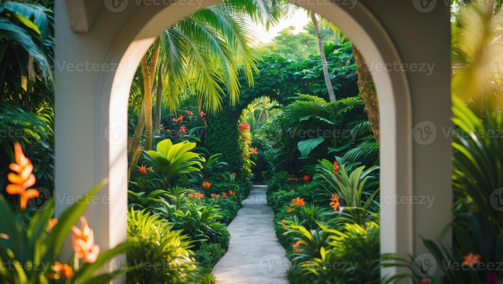 Archway view of lush tropical garden landscape. photo