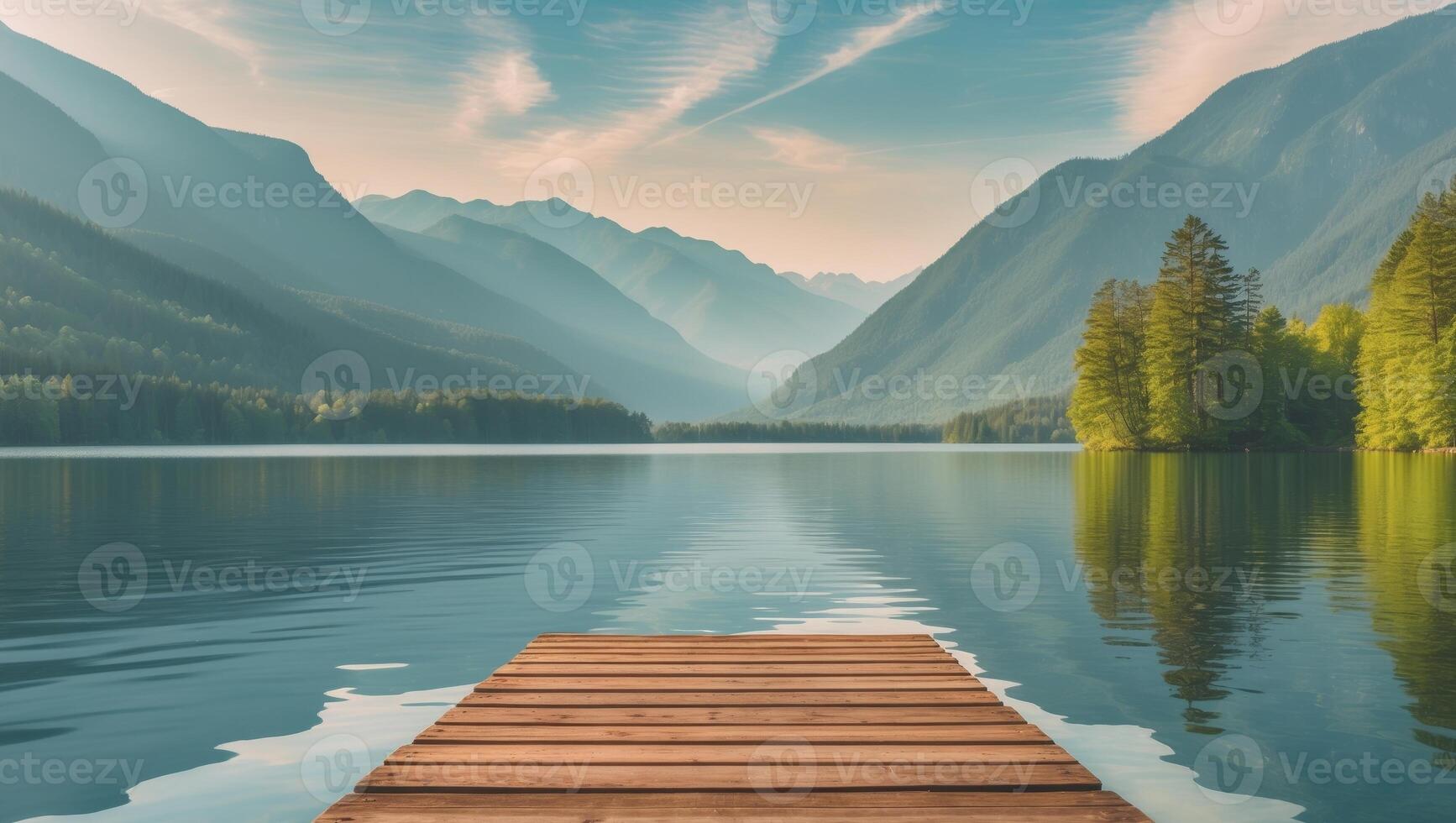 Wooden dock centered in a pristine lake surrounded by stunning natural scenery. photo