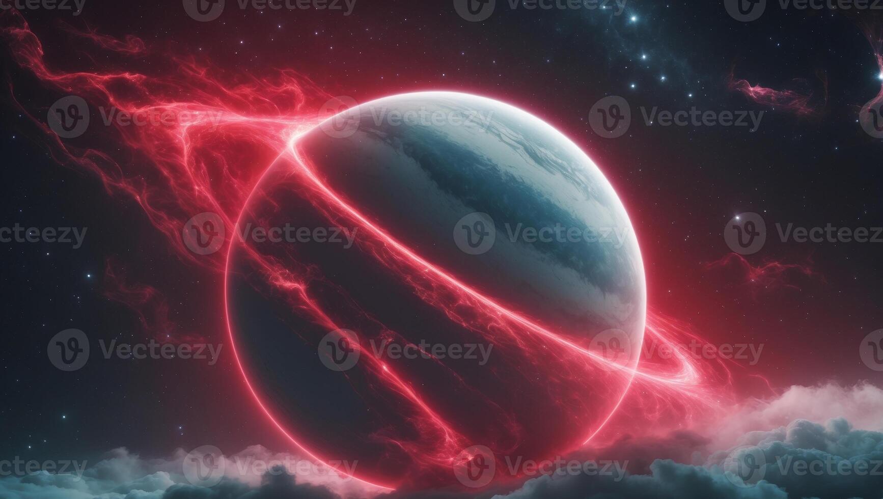 Enigmatic planet surrounded by striking red swirl in a cosmic backdrop of darkness and celestial wonders photo