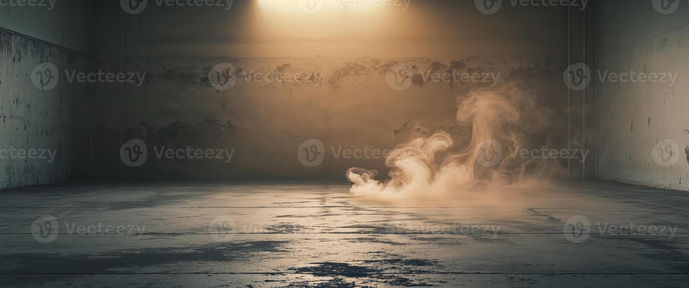 empty space of studio dark room concrete floor grunge texture background with golden lighting effect and smoke in background. photo