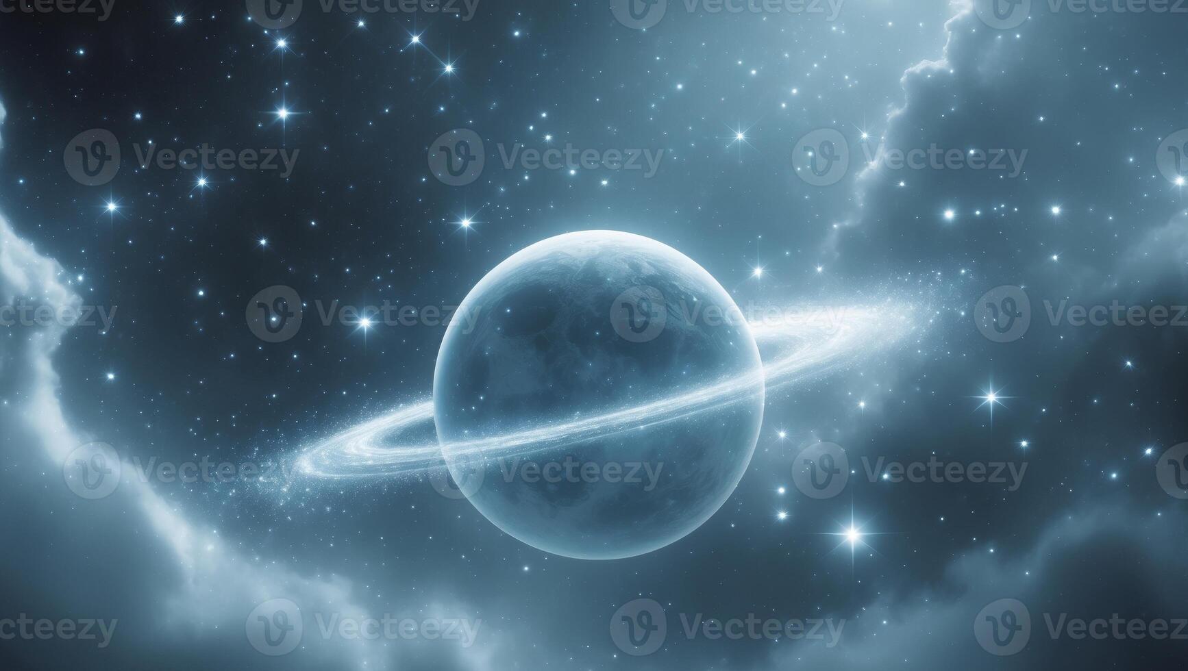 An enigmatic planet in the sky amidst a dreamlike cosmic landscape filled with celestial wonders and beauty. photo