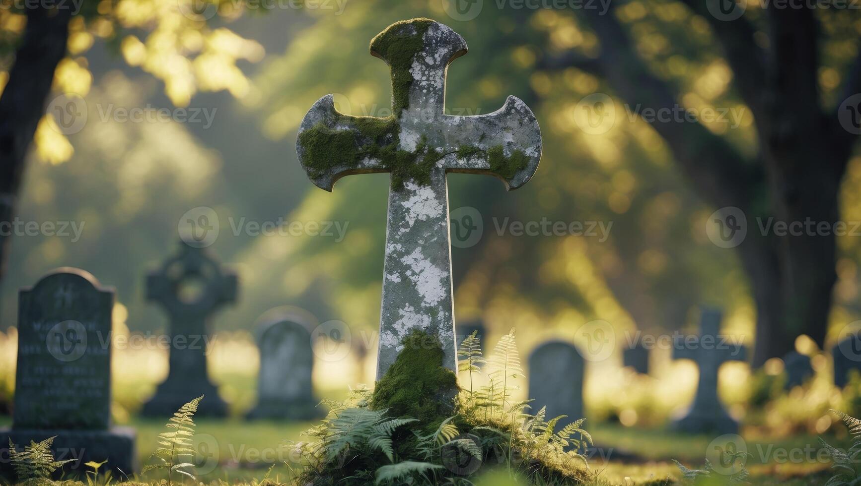 Weathered stone cross gravestone in tranquil cemetery setting with lush green surroundings photo
