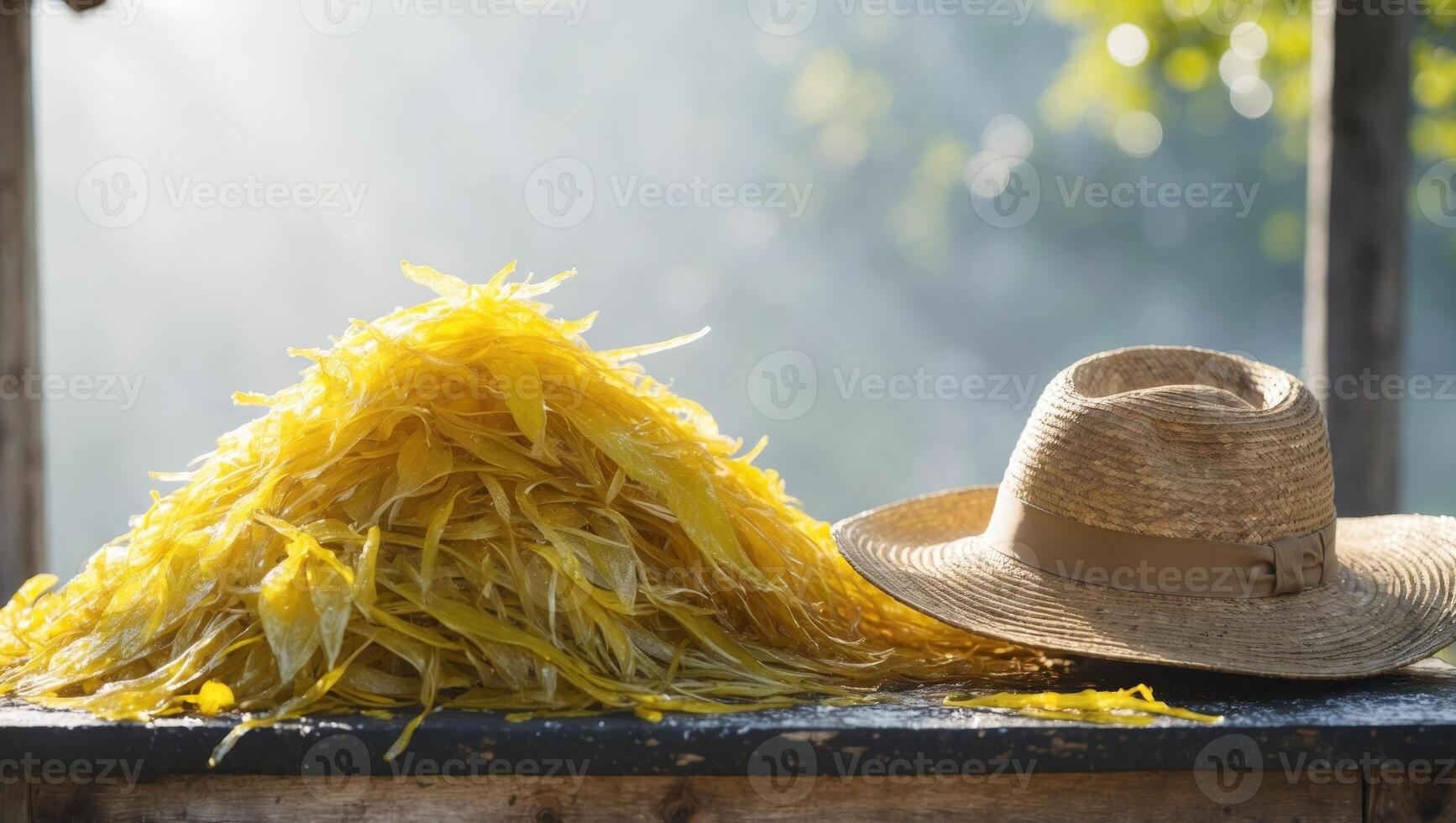 Heap of fresh yellow seaweed on a wooden table with a hat in a sunny outdoor setting. photo