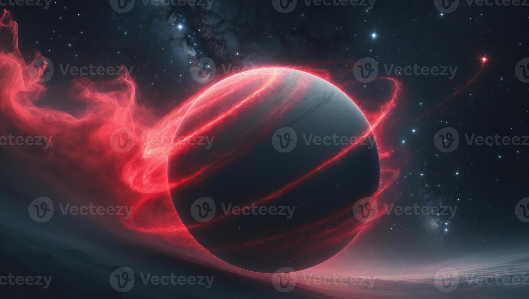 Enigmatic planet surrounded by striking red swirl in a cosmic backdrop of darkness and celestial wonders. photo