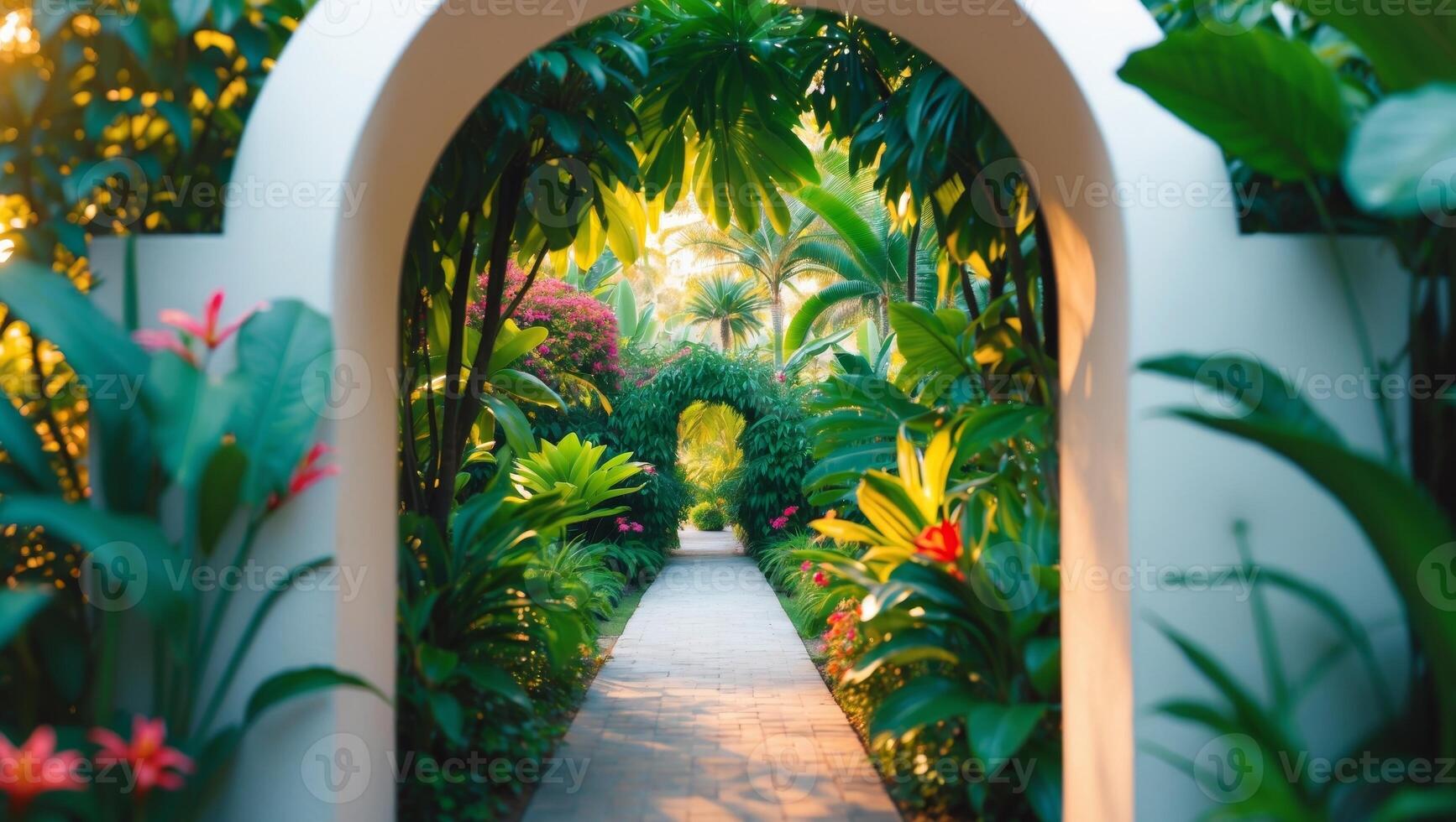 Archway view of lush tropical garden landscape photo