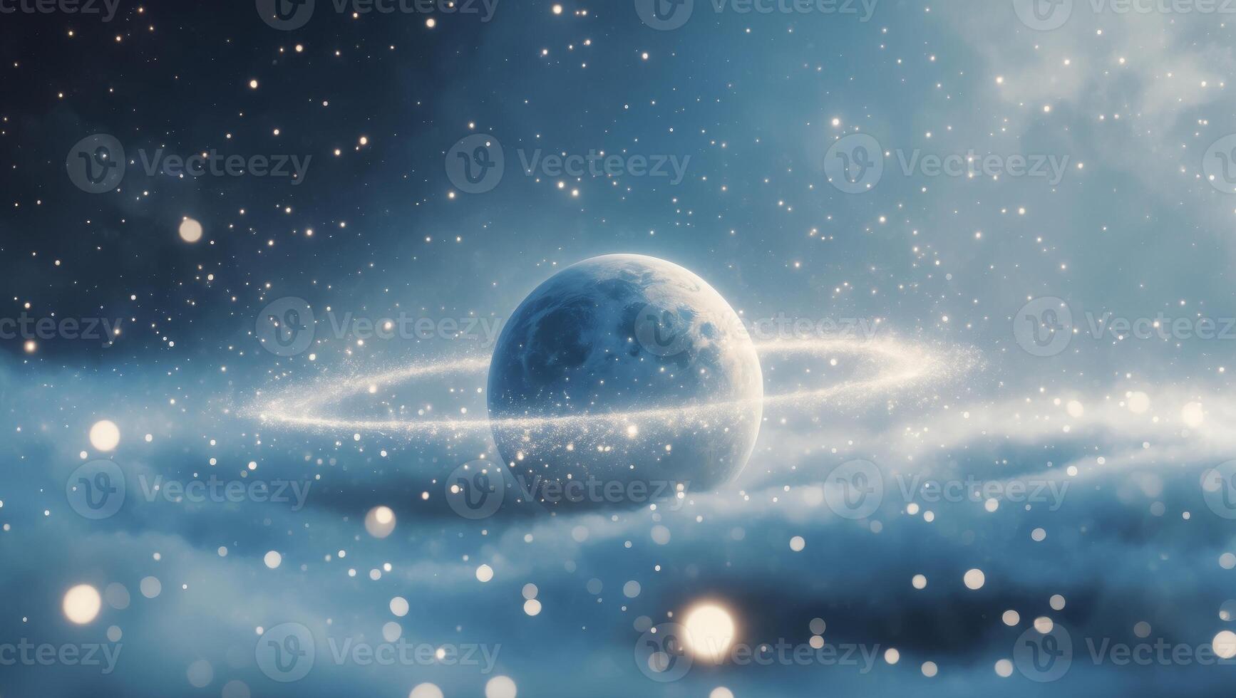 An enigmatic planet in the sky amidst a dreamlike cosmic landscape filled with celestial wonders and beauty photo