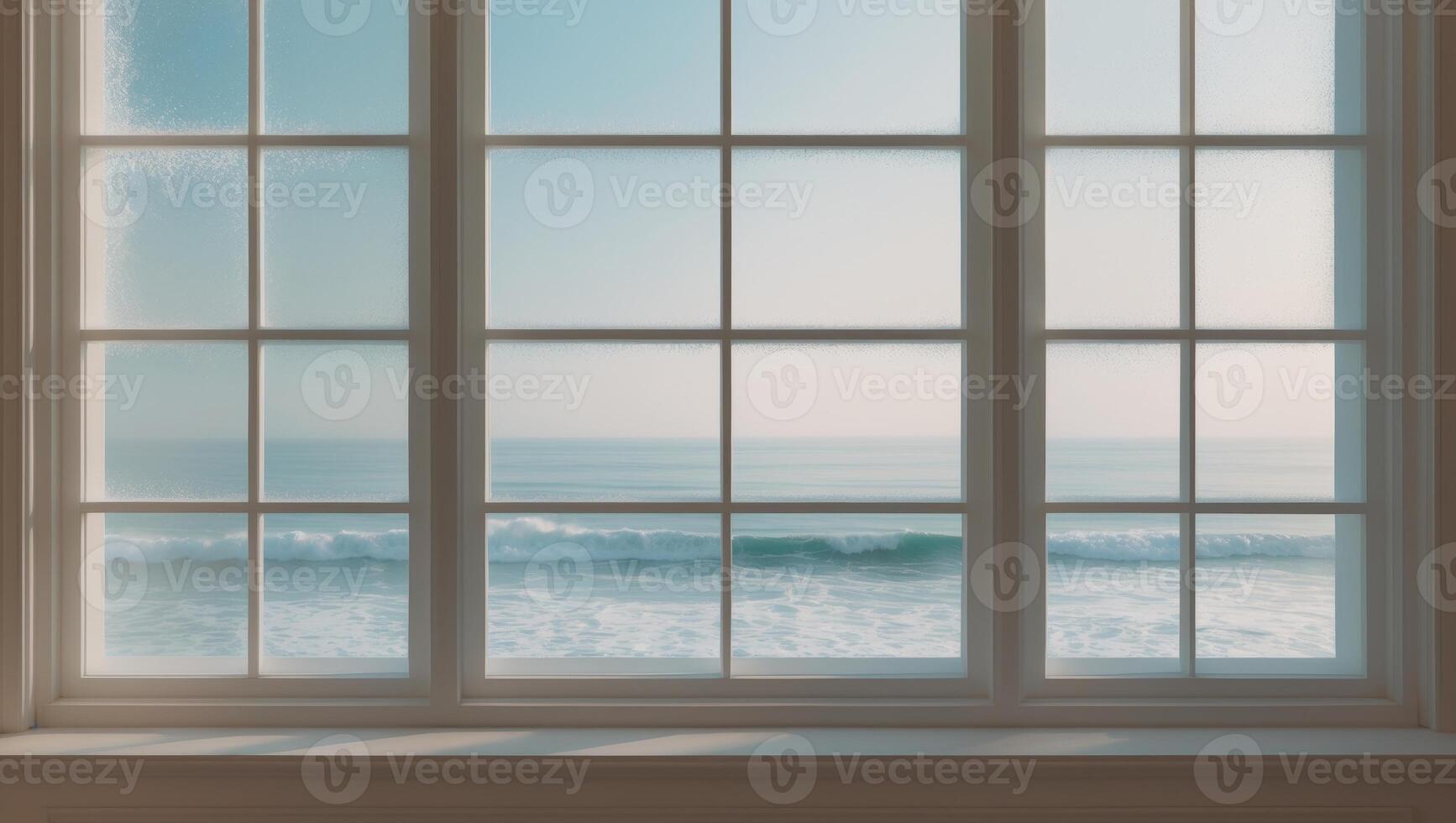 a dimly lit room with a large window and a view of the ocean. photo