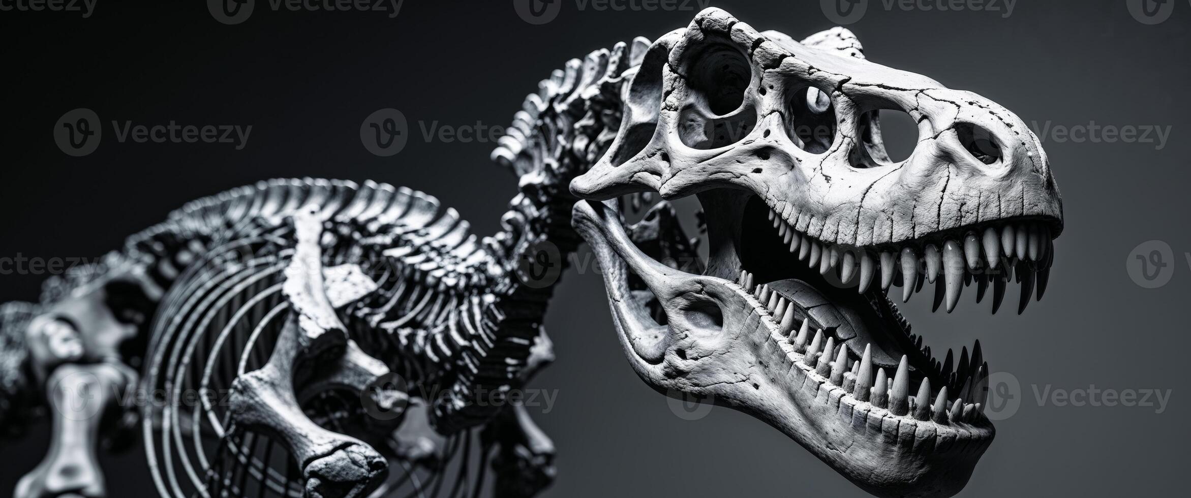 A dinosaur skeleton with a large mouth and sharp teeth photo