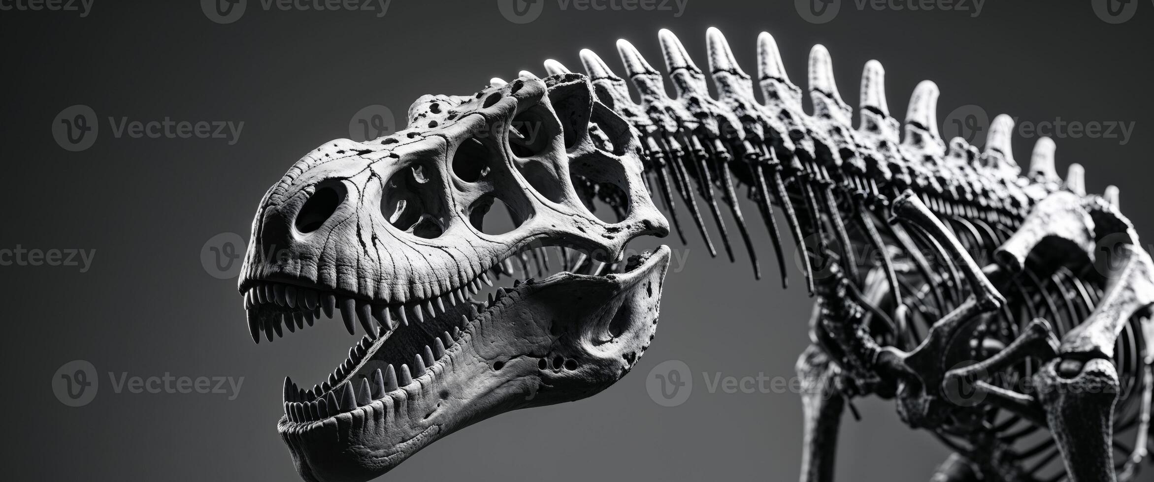 A dinosaur skeleton with a large mouth and sharp teeth. photo