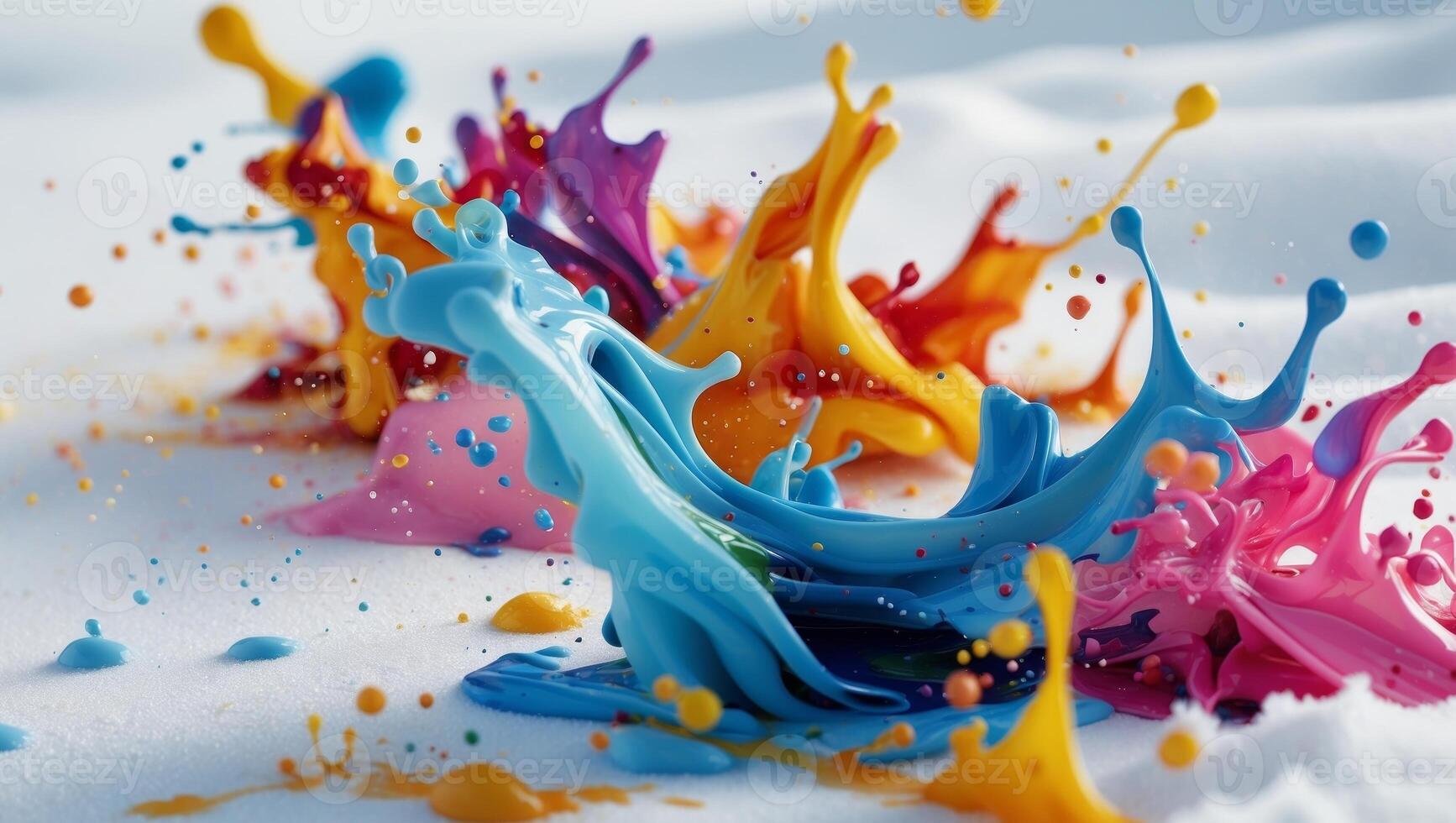 Expressive ink spills and splatters on a clean white surface backdrop. photo