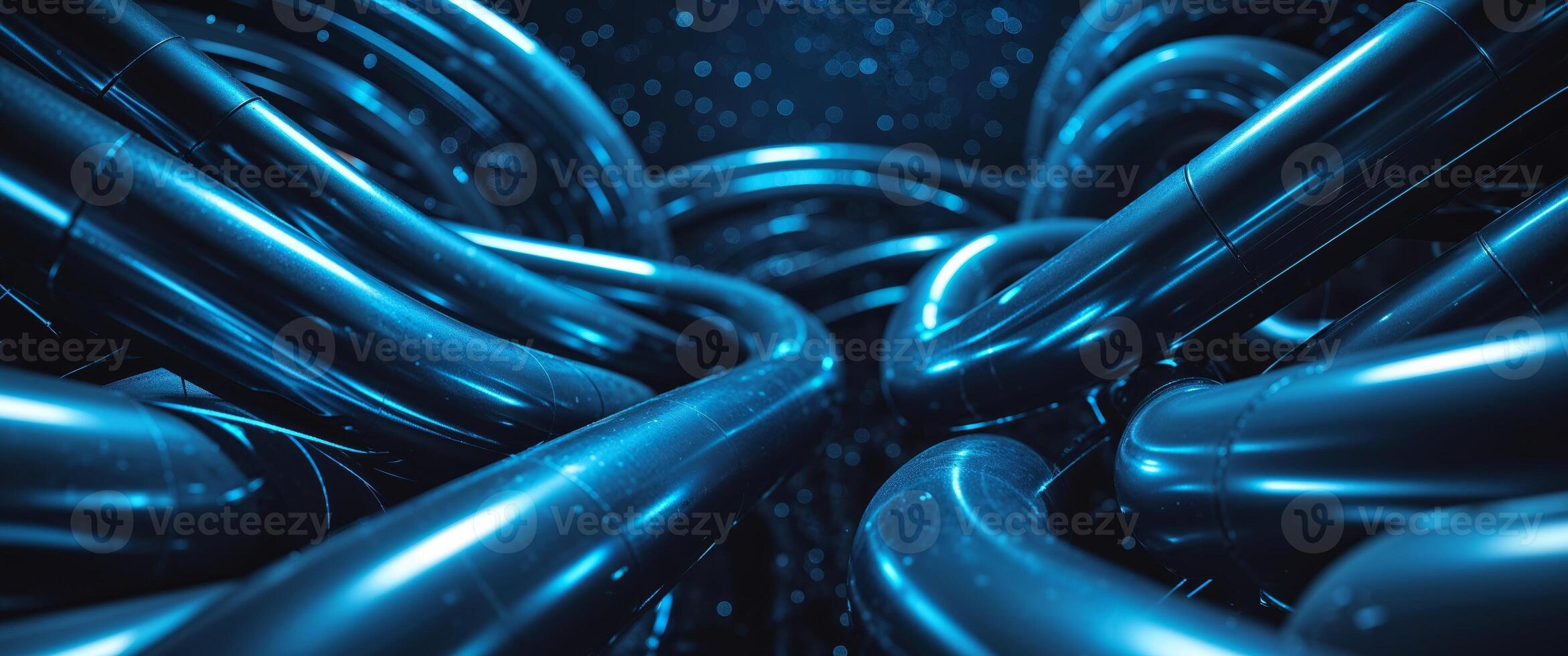Futuristic blue metallic pipes curving through space with bright light reflections abstract photo