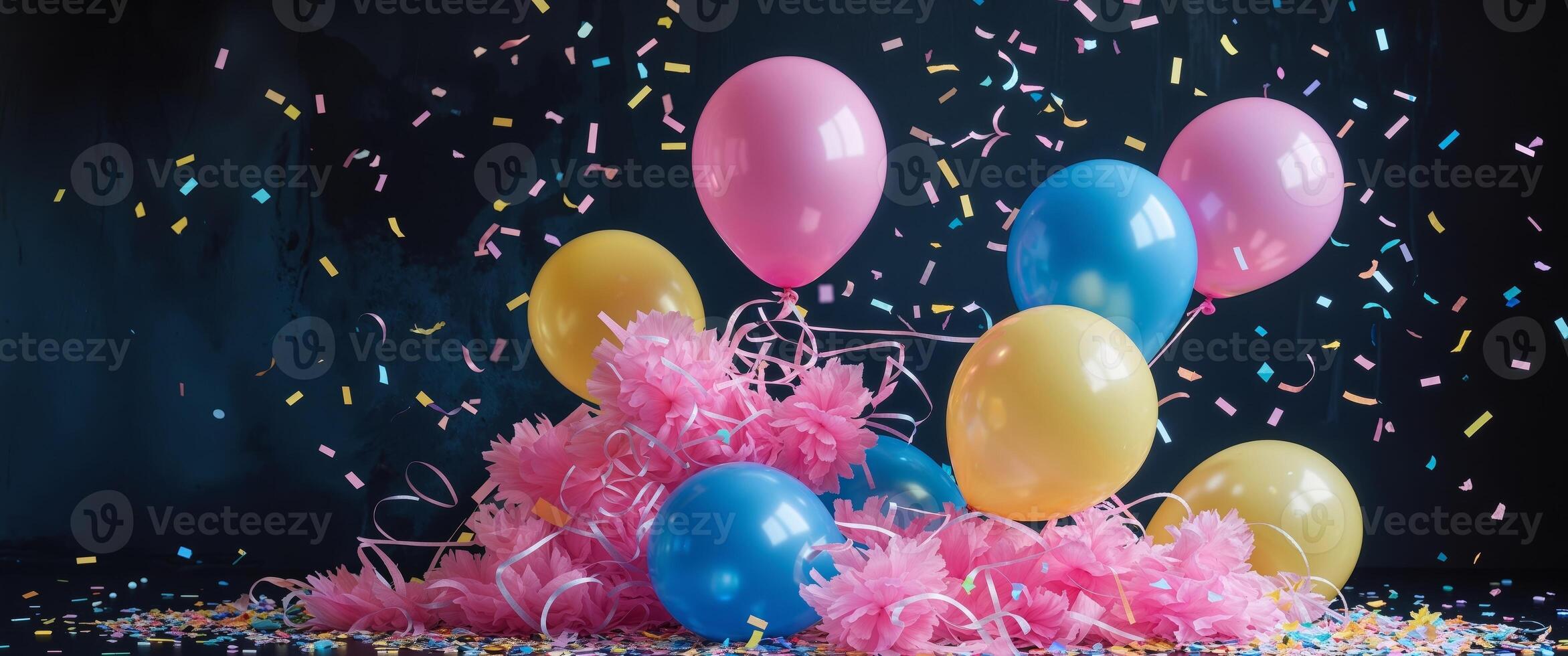 Festive celebration with colorful balloons and confetti on dark background photo