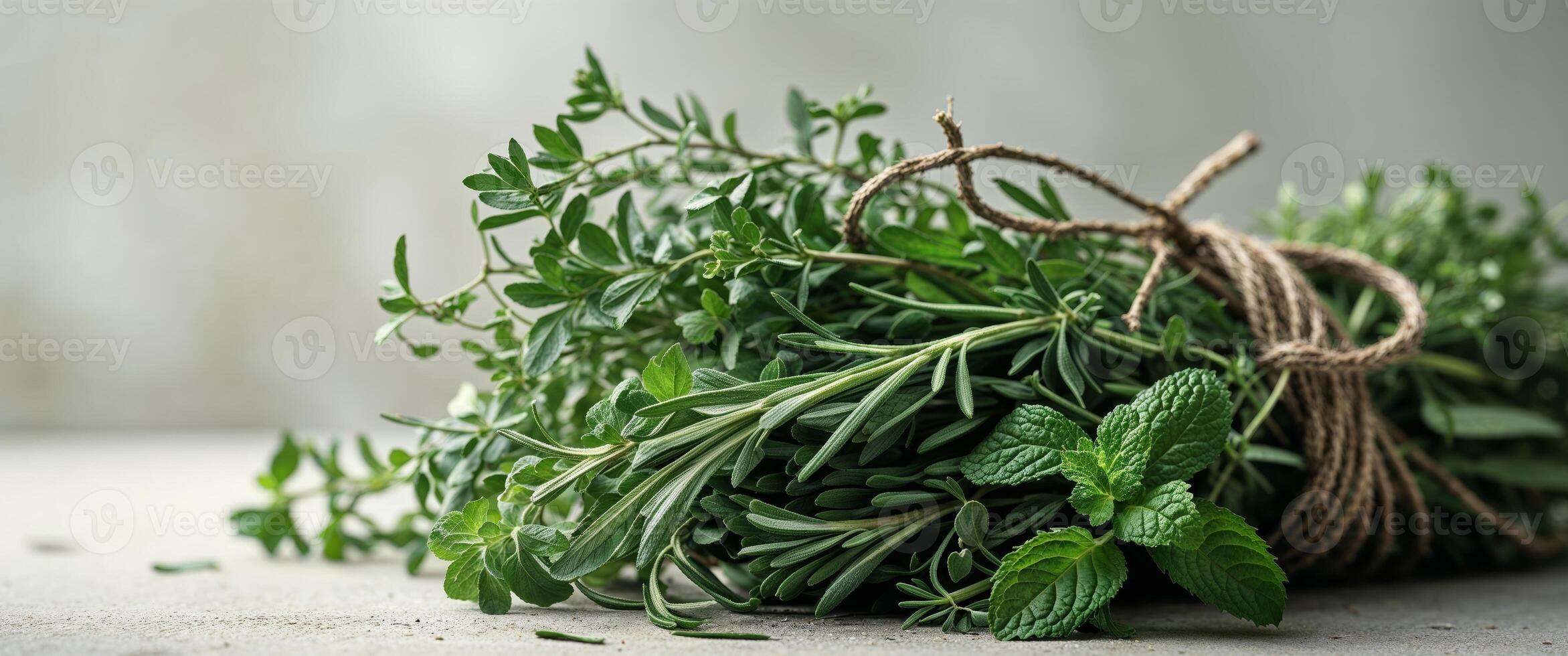 Fresh Herbs Tied in Rustic Bundle for Culinary Inspiration photo