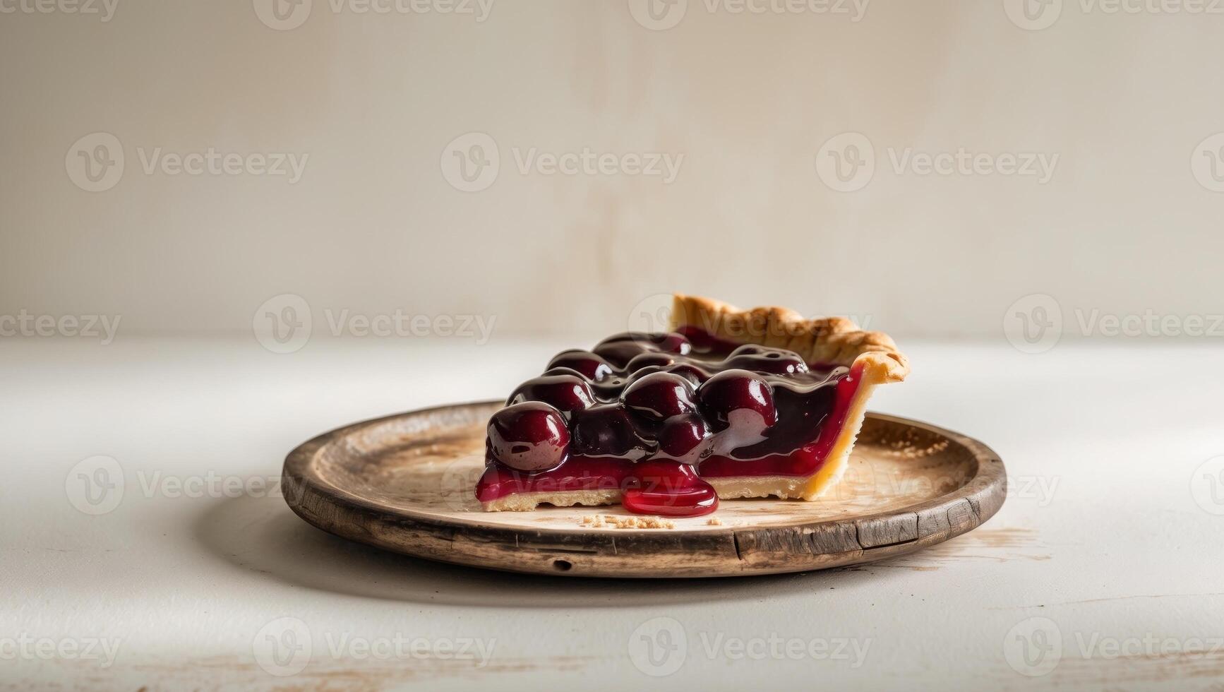 Slice of homemade cherry pie with glossy filling on a wooden plate. photo