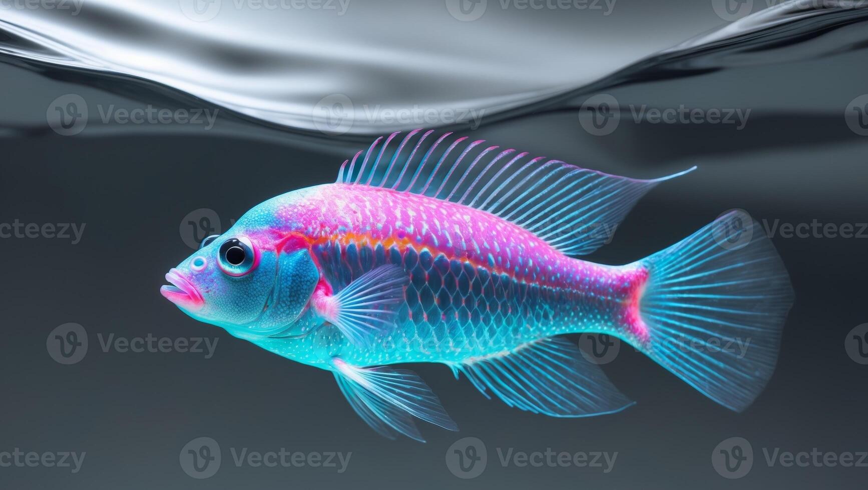 Exotic luminescent fish with electric blue and pink hues underwater photo