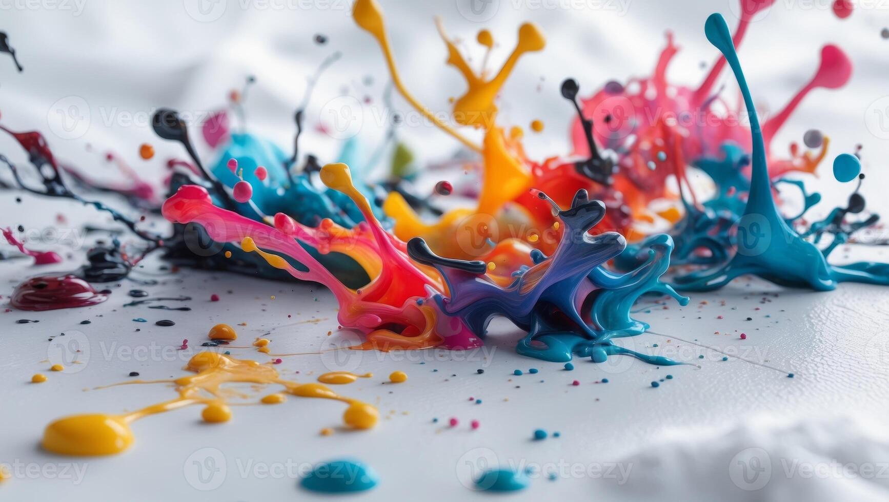 Expressive ink spills and splatters on a clean white surface backdrop photo