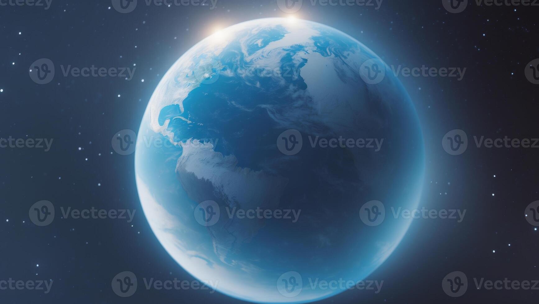 A stunning representation of earth floating gracefully in the vastness of space with heavenly illumination. photo