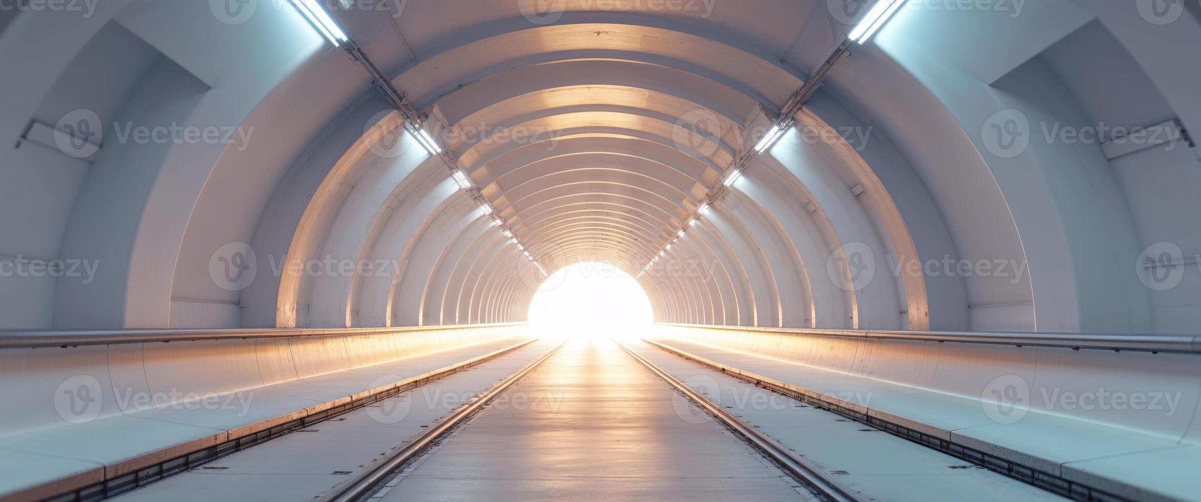 Symmetrical View Down an Empty Jet Bridge Tunnel with Bright Light. photo