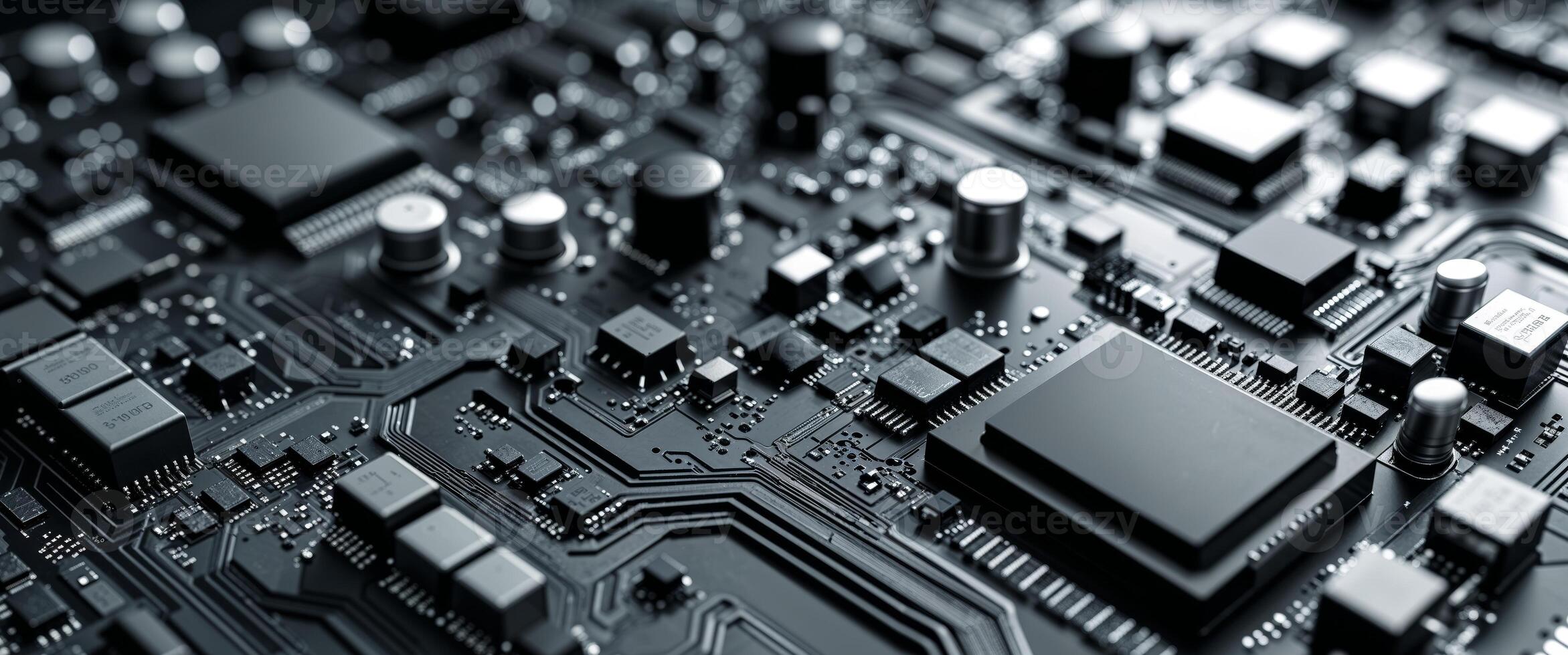 Intricate circuit board featuring complex pathways and electronic components for advanced technology applications. photo