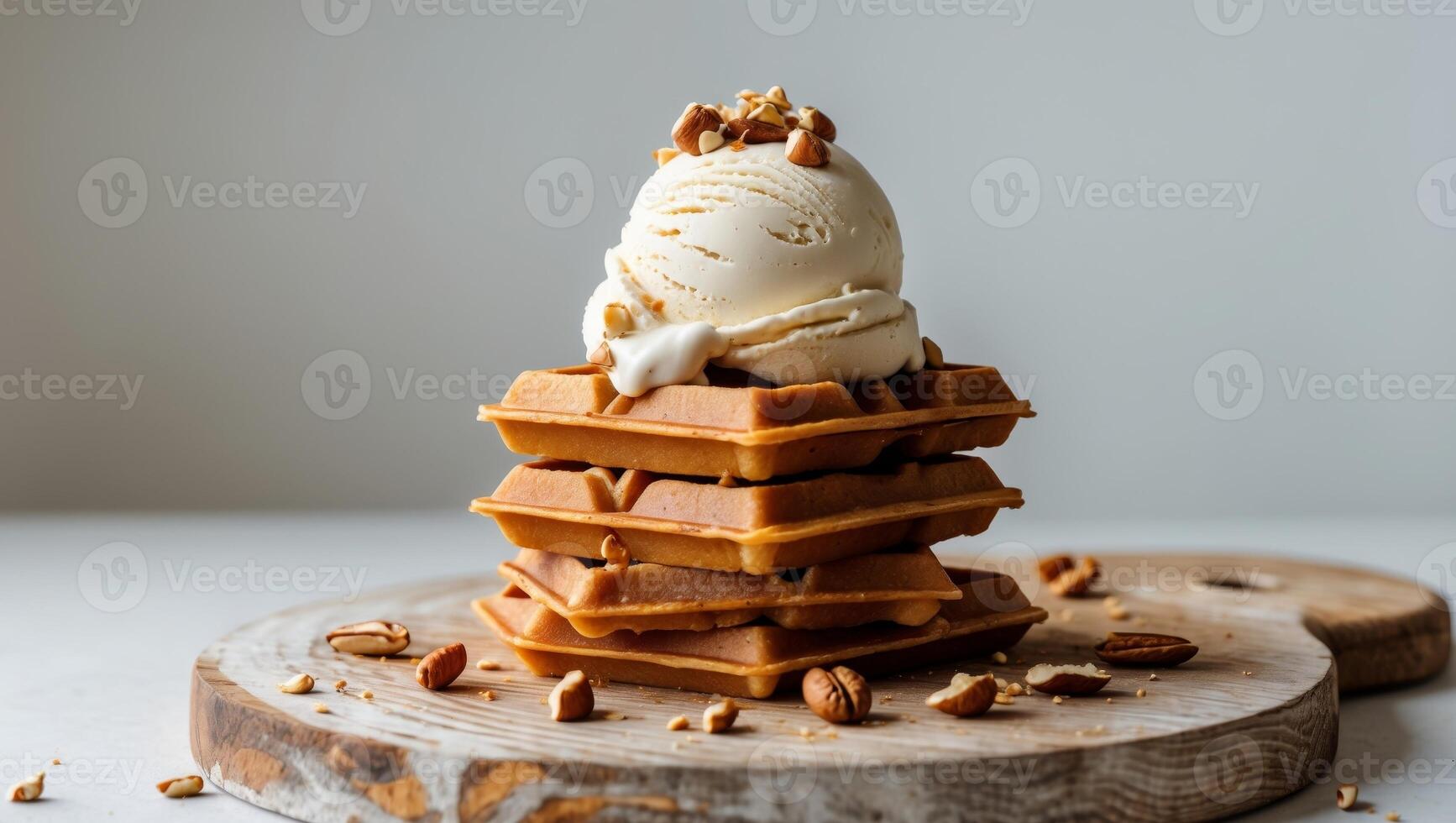 A stack of waffles with ice cream and pecans photo