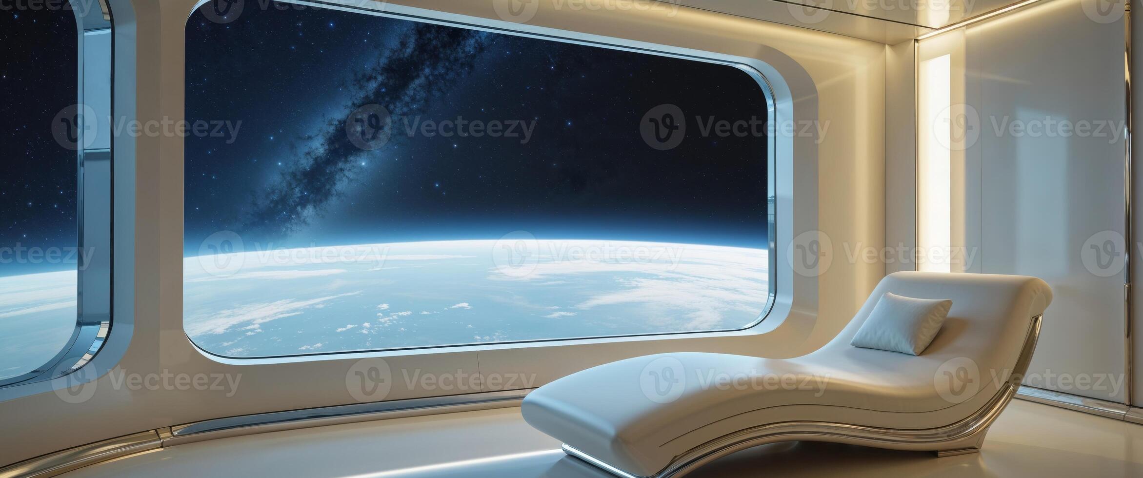 A futuristic room with a chair and a window looking out to space photo
