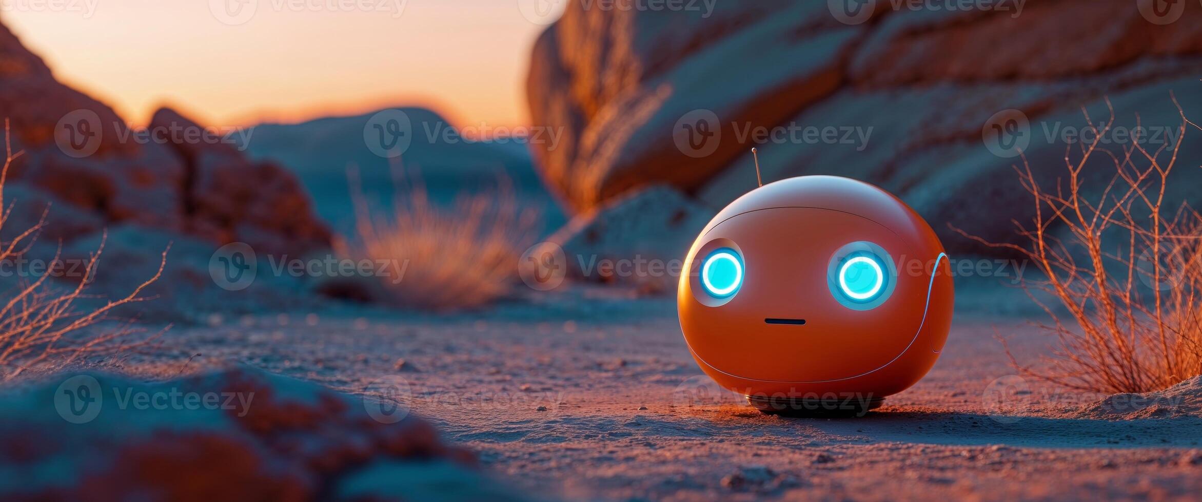 An orange robot sits in the desert with rocks in the background photo