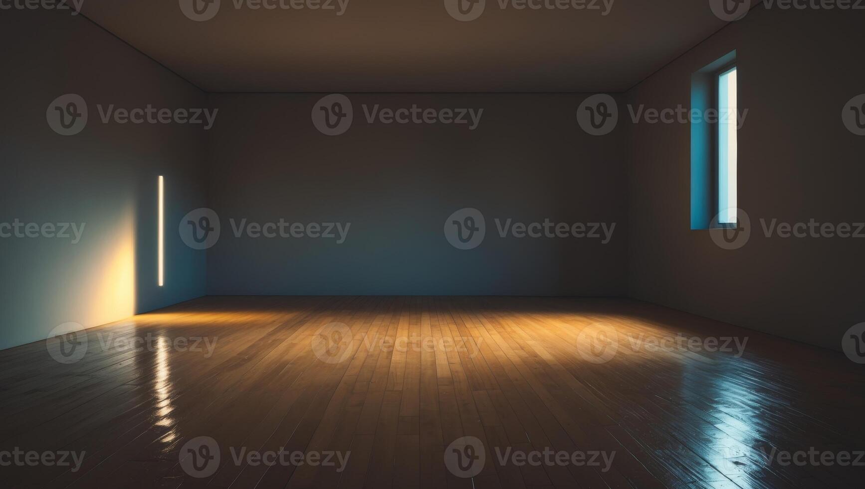 Empty room with wooden floor and light coming from the window photo