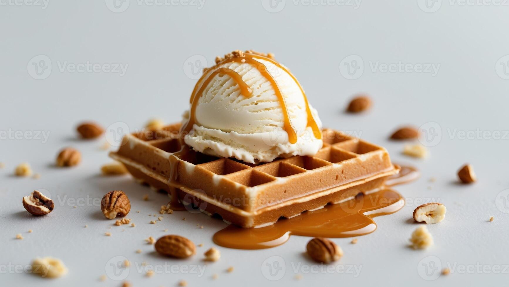 A waffle with ice cream and nuts on top photo