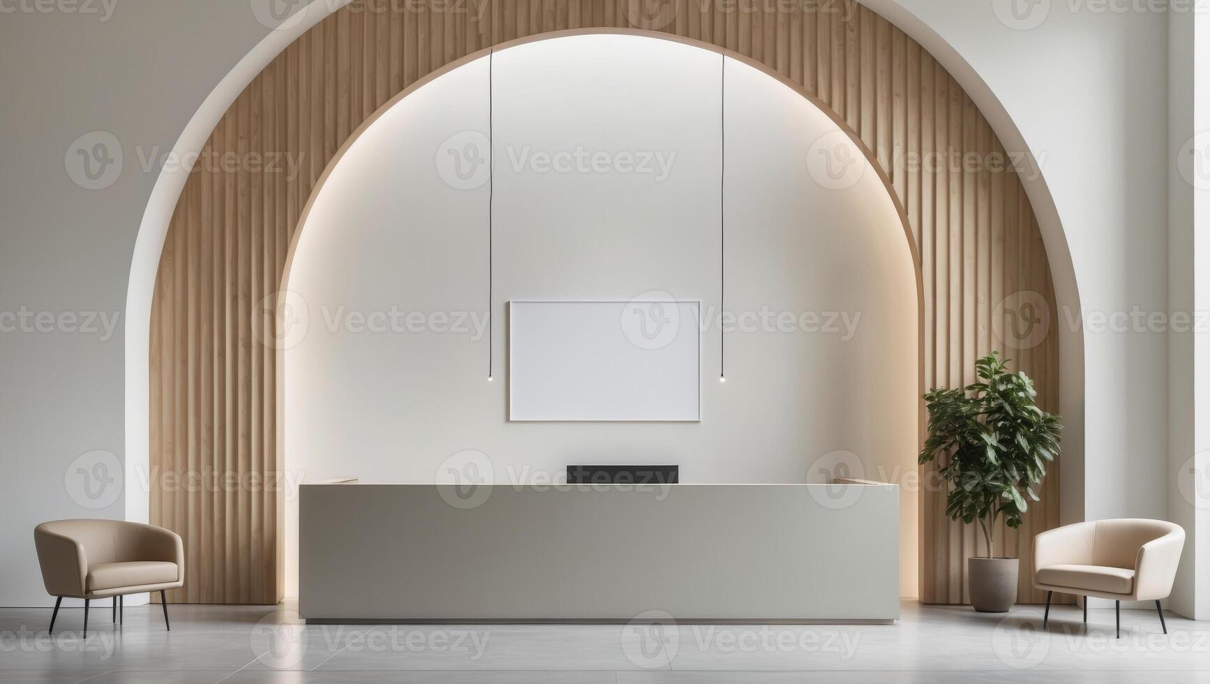 Modern Reception Area With Wooden Archway And Blank Sign photo