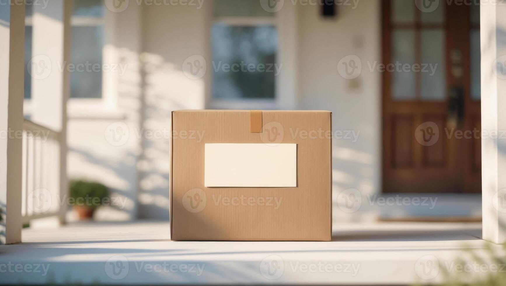 Brown delivery package with blank label on front porch photo