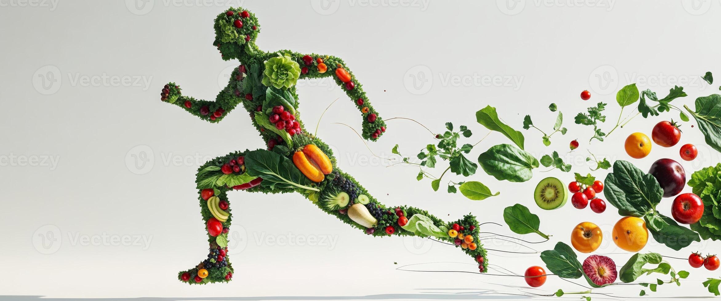 abstract figure in motion composed of fresh produce combining fruits and vegetables in a dynamic running pose photo
