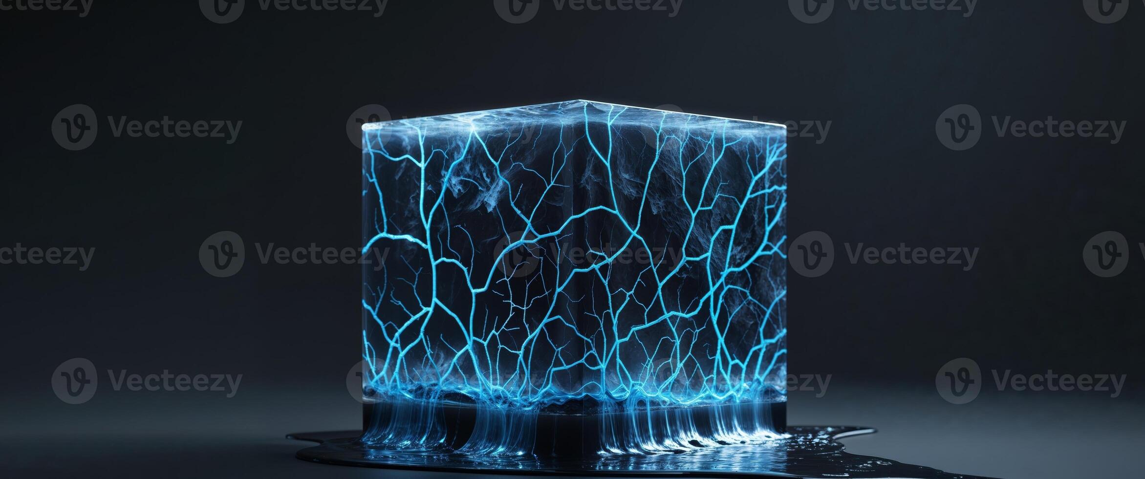 Abstract Cube with Glowing Veins and Spilled Liquid. photo