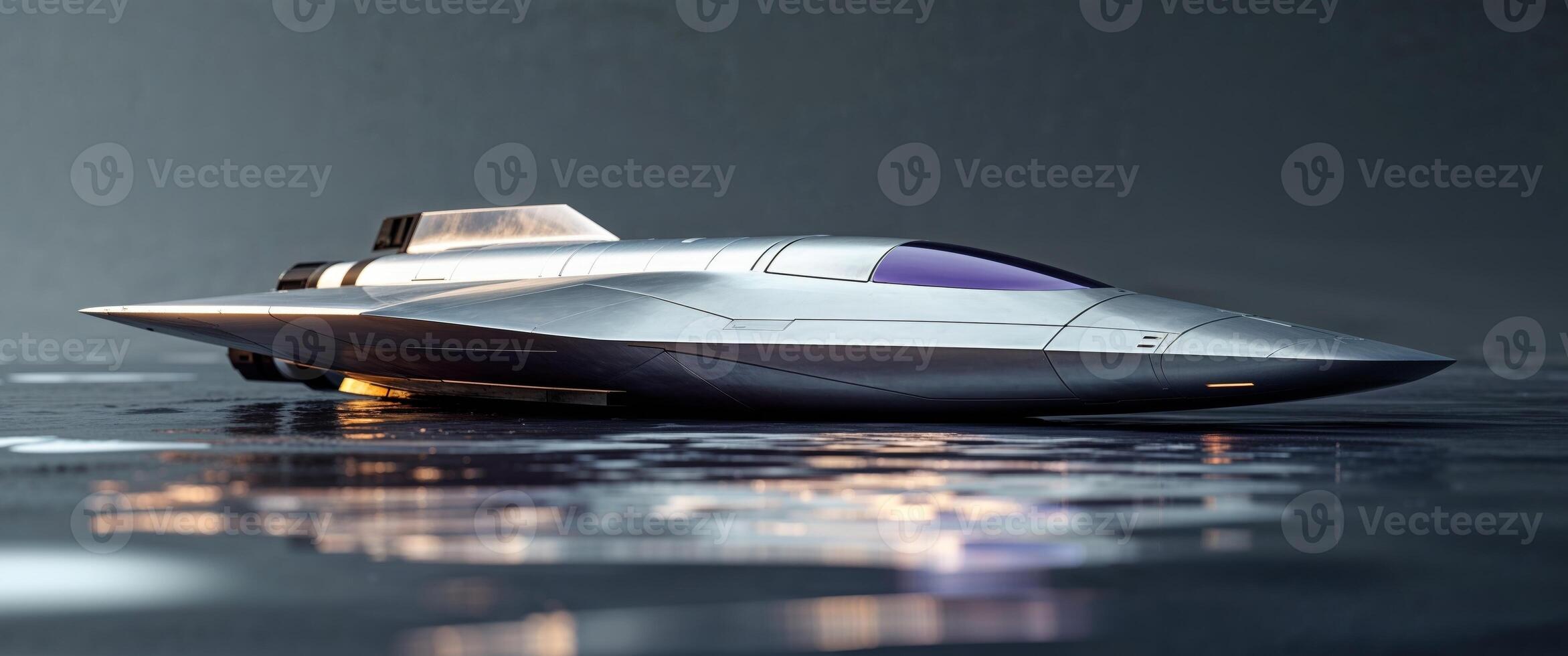 A futuristic spacecraft resting on a reflective and blurred surface. photo