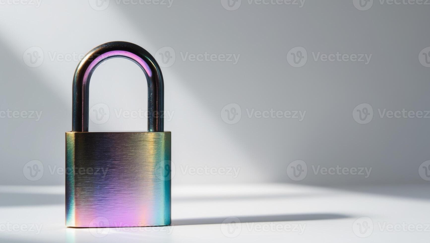 Iridescent metal padlock with smooth surface for privacy and security. photo
