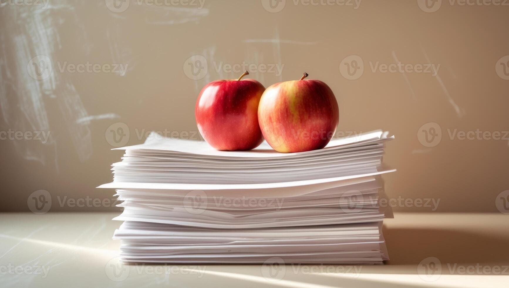 Two red apples on a stack of papers in a classroom with a chalkboard in the background. photo
