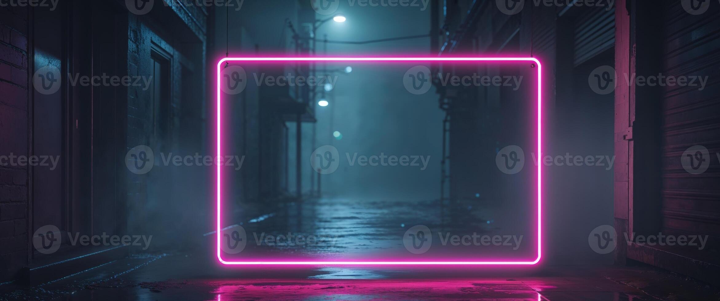 Neon neon square frame in a dark alley photo