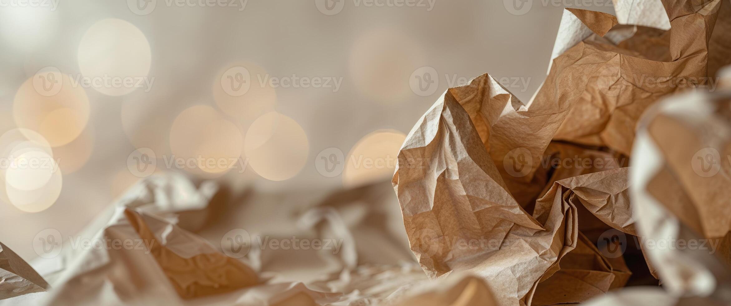 A pile of crumpled paper with a bokeh effect photo