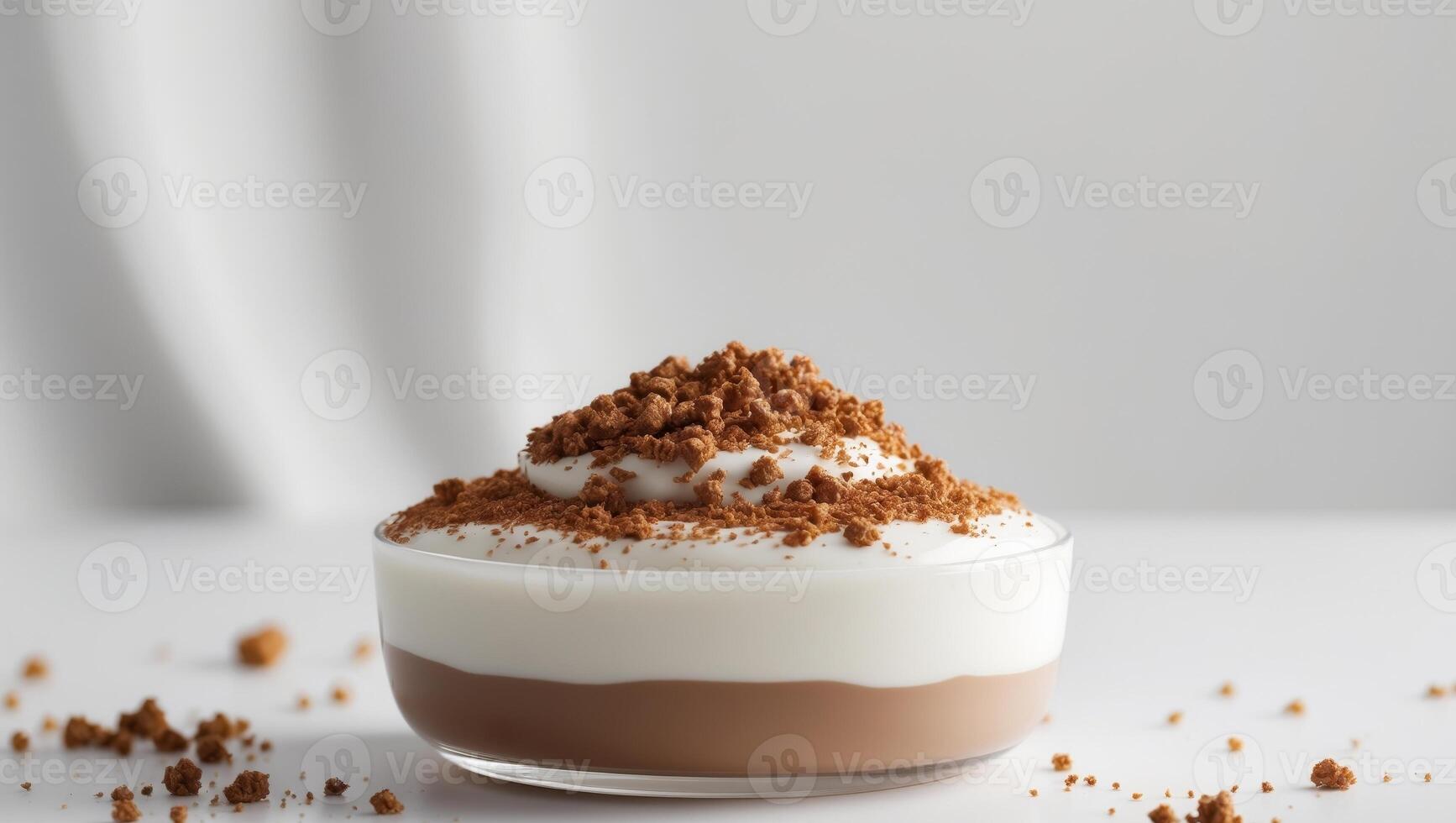 Chocolate pudding in a glass with whipped cream and cocoa powder on a white background photo