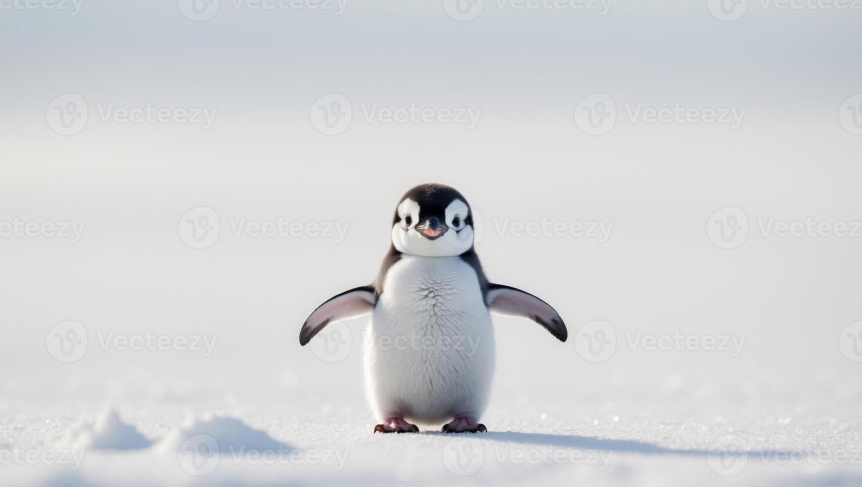 A penguin standing in the snow with its eyes closed photo