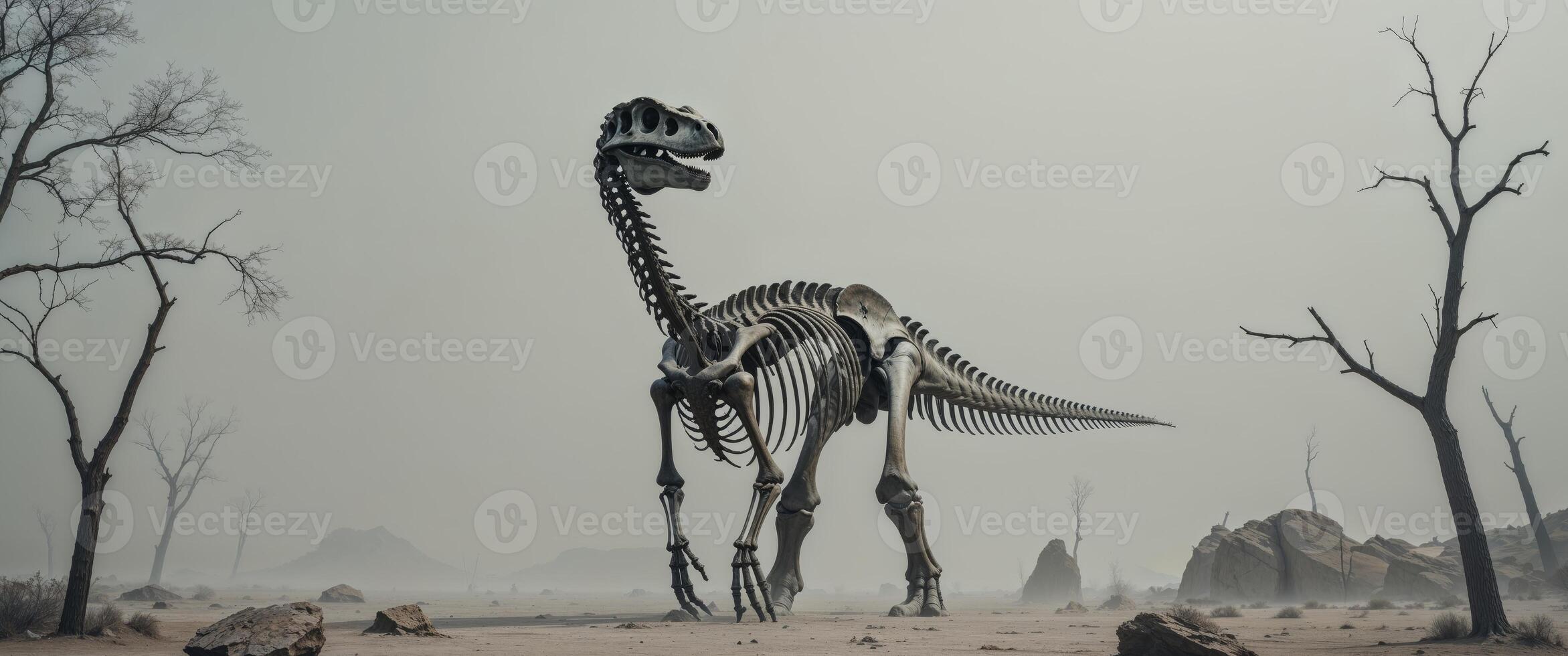 A dinosaur skeleton standing in the middle of a desert photo