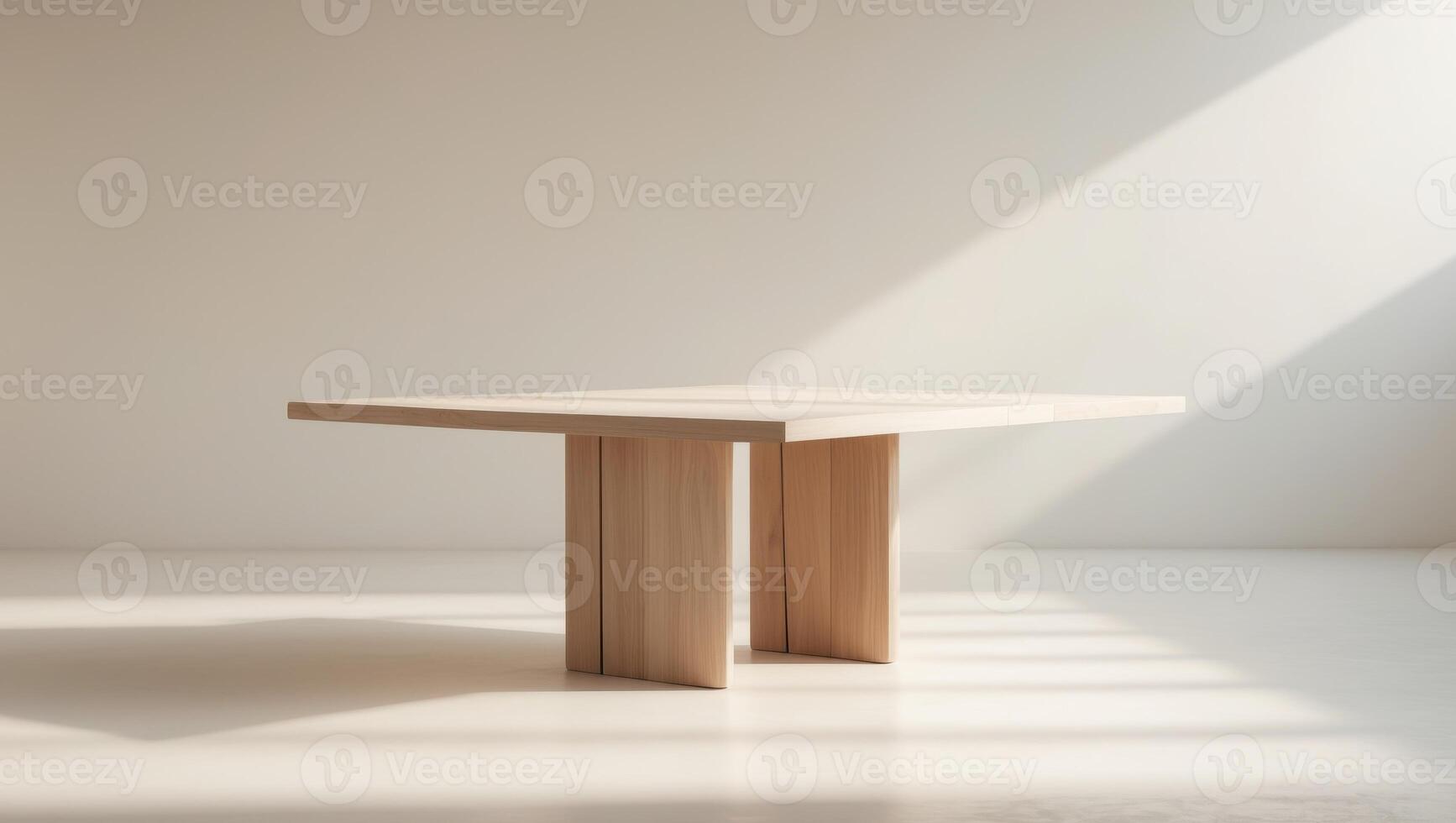 A table with a wooden base and a light beam photo