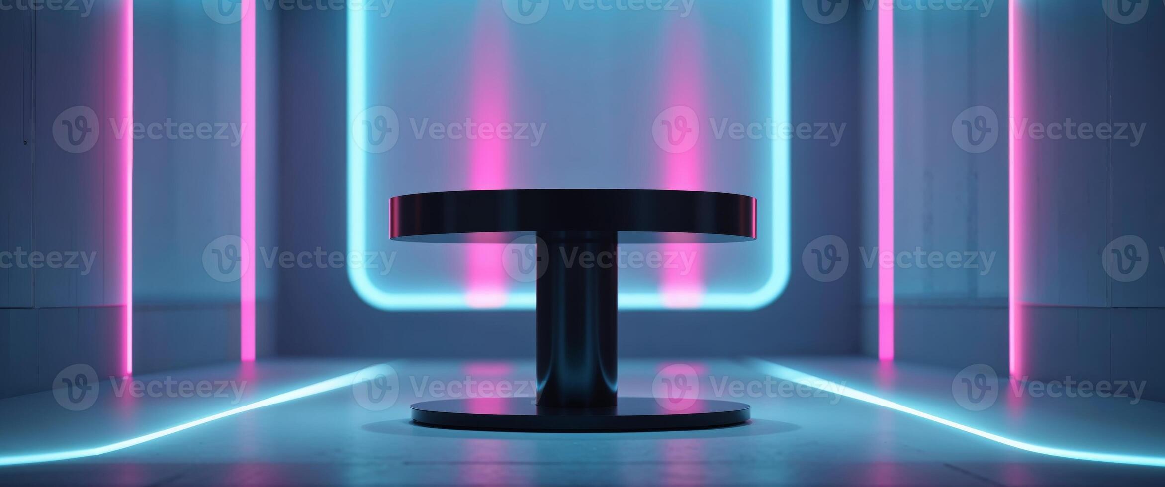 Black round podium illuminating futuristic room with blue and pink neon lights. photo