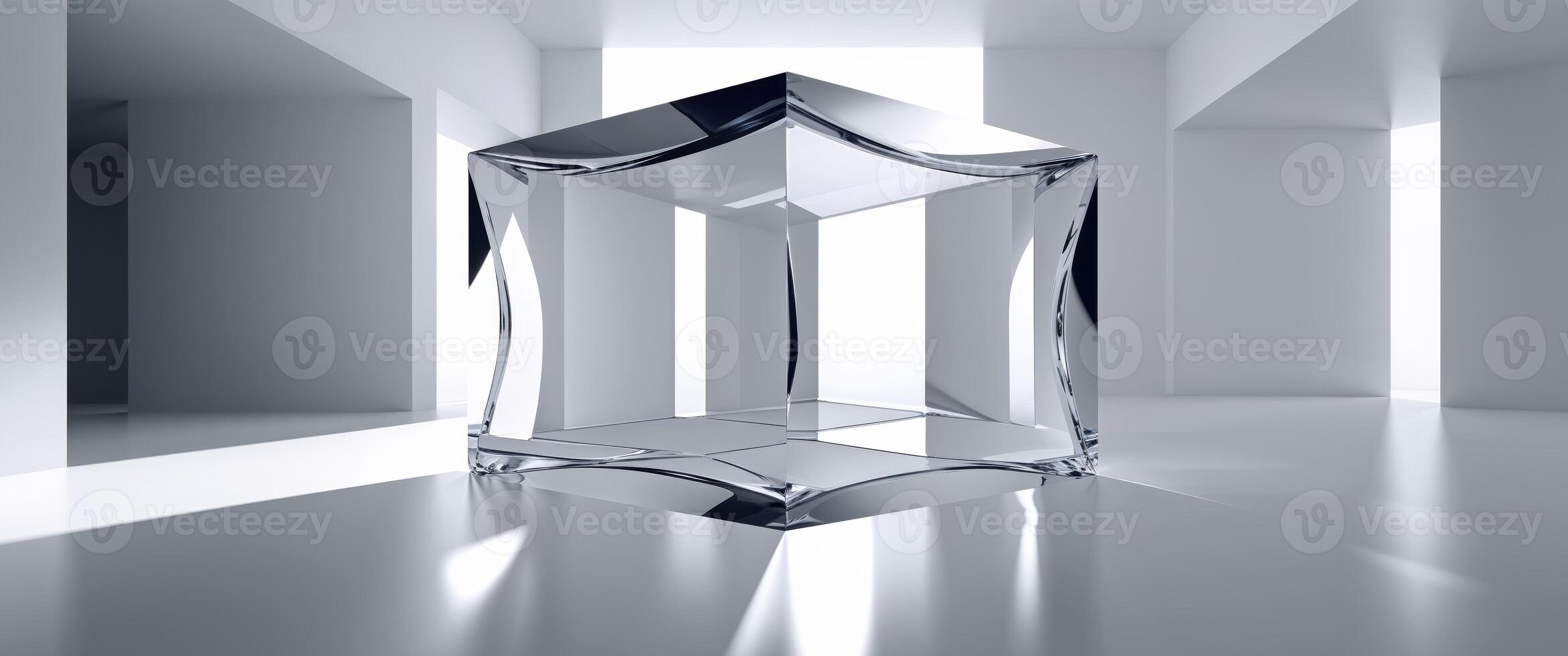 A large glass cube in a room with a light coming from the window photo