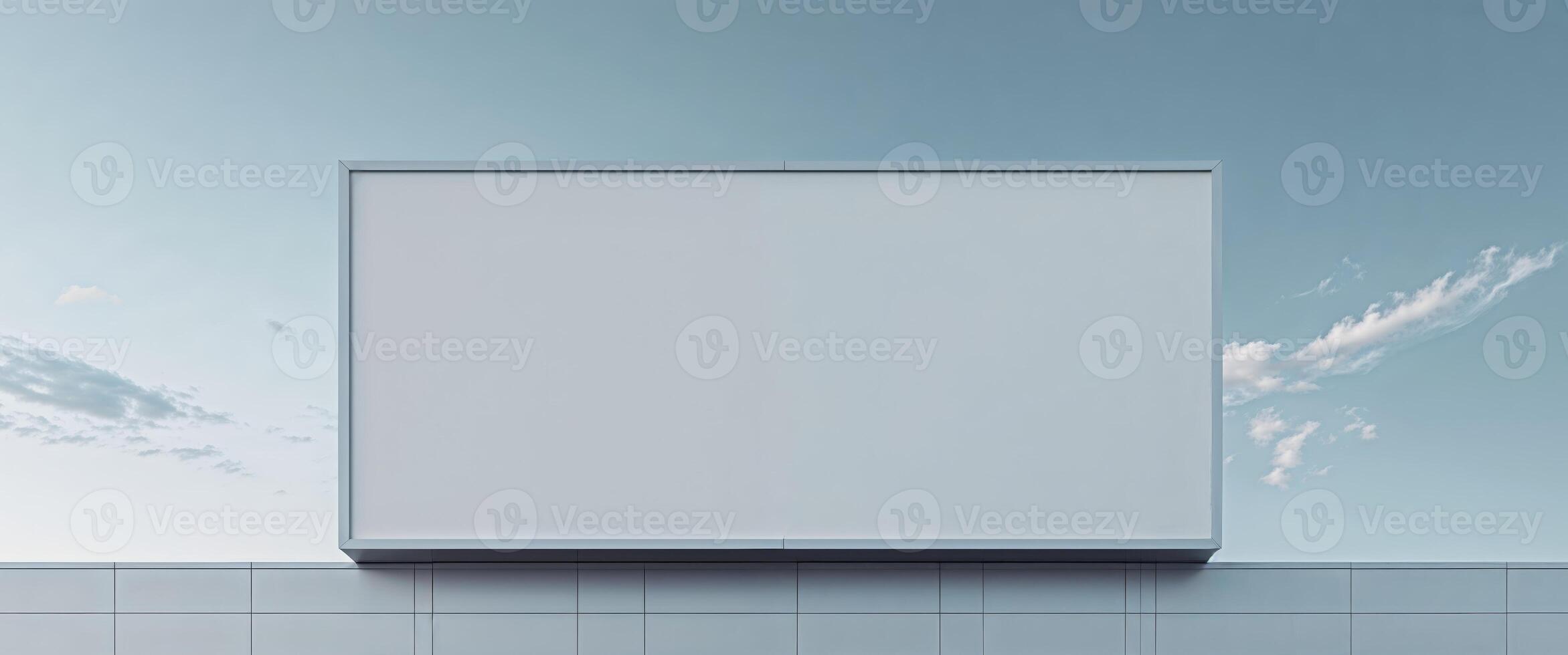 An empty billboard on a wall against a blue sky photo