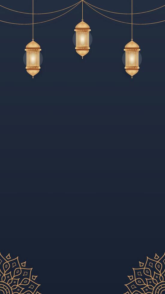 Simple Royal Blue Islamic Blank Vertical Background with Decorative Hanging Lanterns and Golden Elements vector