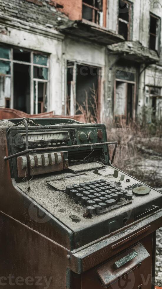 An old, rusted, broken down cash register is sitting in front of a building photo