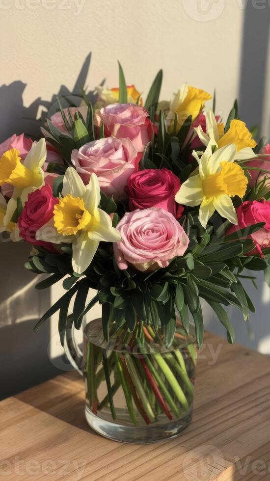 A vase filled with pink and yellow roses photo