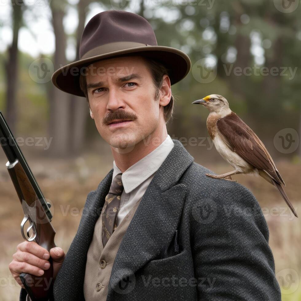A man with a gun and a bird photo