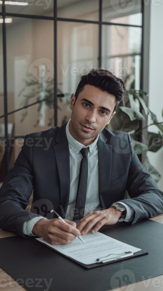 A man in a suit sitting at a desk with a pen and paper photo