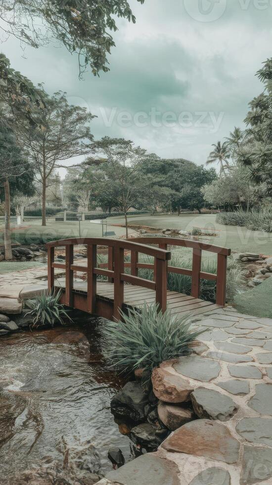 A bridge over a stream in a park photo